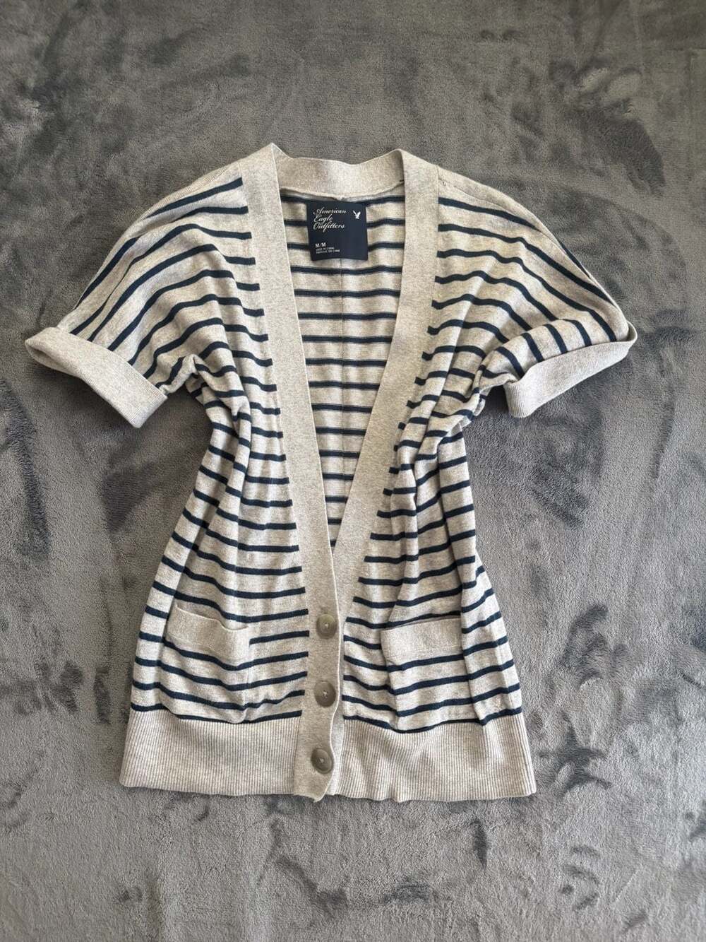 American Eagle Outfitters Women's Gray Navy Striped Short Sleeve Cardigan Size M